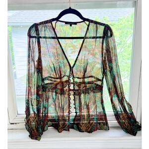 Nanette Lepore Silk Metallic Sheer Southwestern Artisan Boho Chic Blouse Size 2